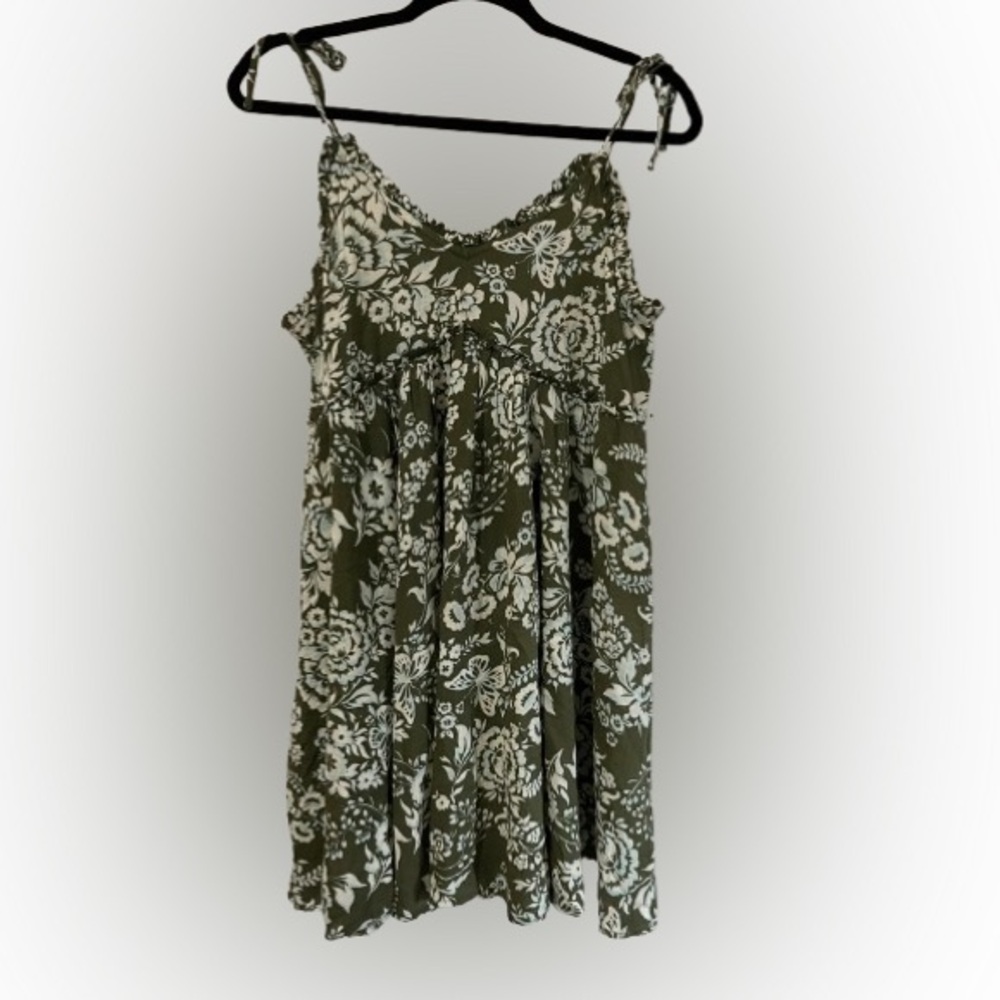 Patrons of Peace Olive and Cream Floral Dress Sz S Butterflies Spring